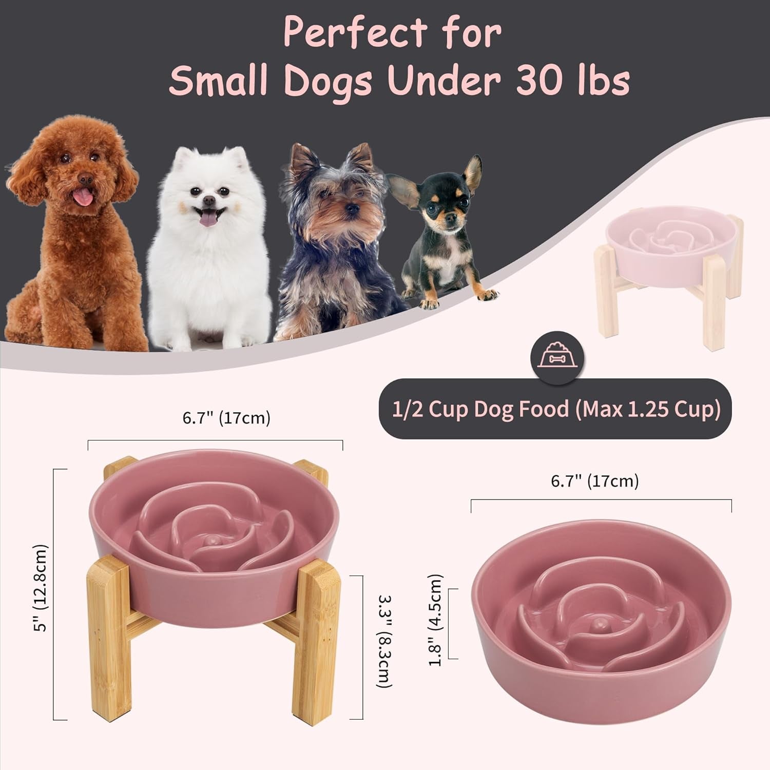 Elevated Slow Feeder Dog Bowl - Raised Ceramic Dog Bowl with Anti-Slip Stand - Fun Maze Dog Feeding Bowl for Fast Eater - Heavy Dog Food Dish - Designed for Small and Medium Dogs - Pink - 6.7 Inch