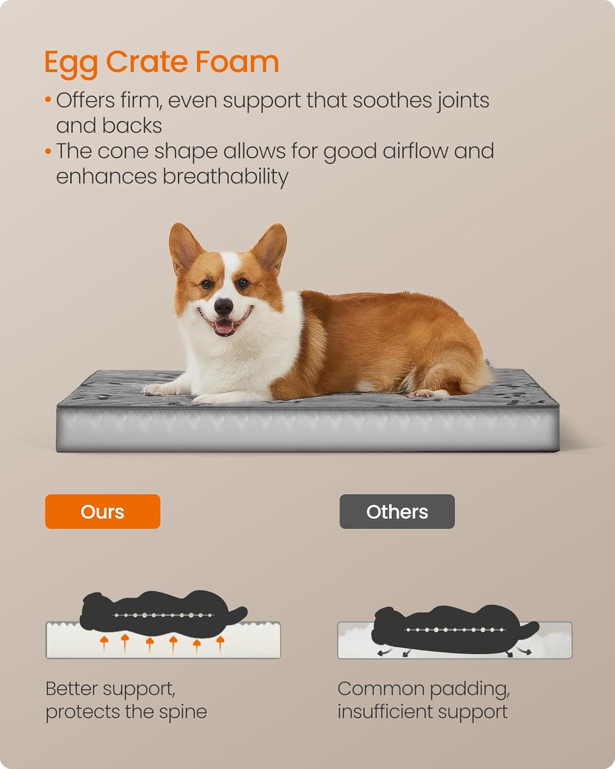 Double-Sided Dog Bed, Leakproof Dog Sofa Bed for Medium Dogs, Egg Crate Foam Pet Bed with Removable Washable Cover, Side Handle, L, 91 X 68 X 8 Cm, Dove Grey PGW242G01