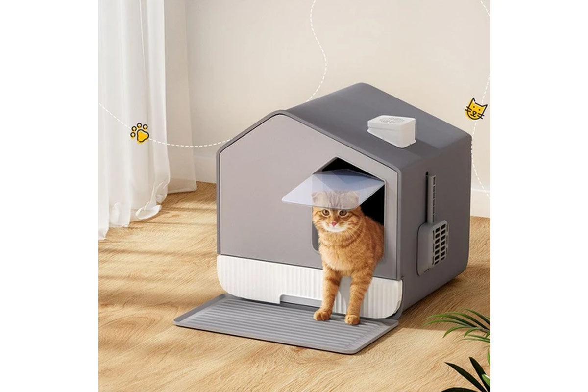 I.Pet Cat Litter Box Large Tray Kitty Toilet Enclosed Cat Litter Box Hooded Scoop Mat Grey