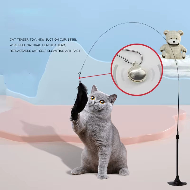 Cat Toys Interactive Cat Toy Steel Wire Feather Toys for Cats Stick Suction Cup Feather Cats Toy with Bell Teaser Pet Products