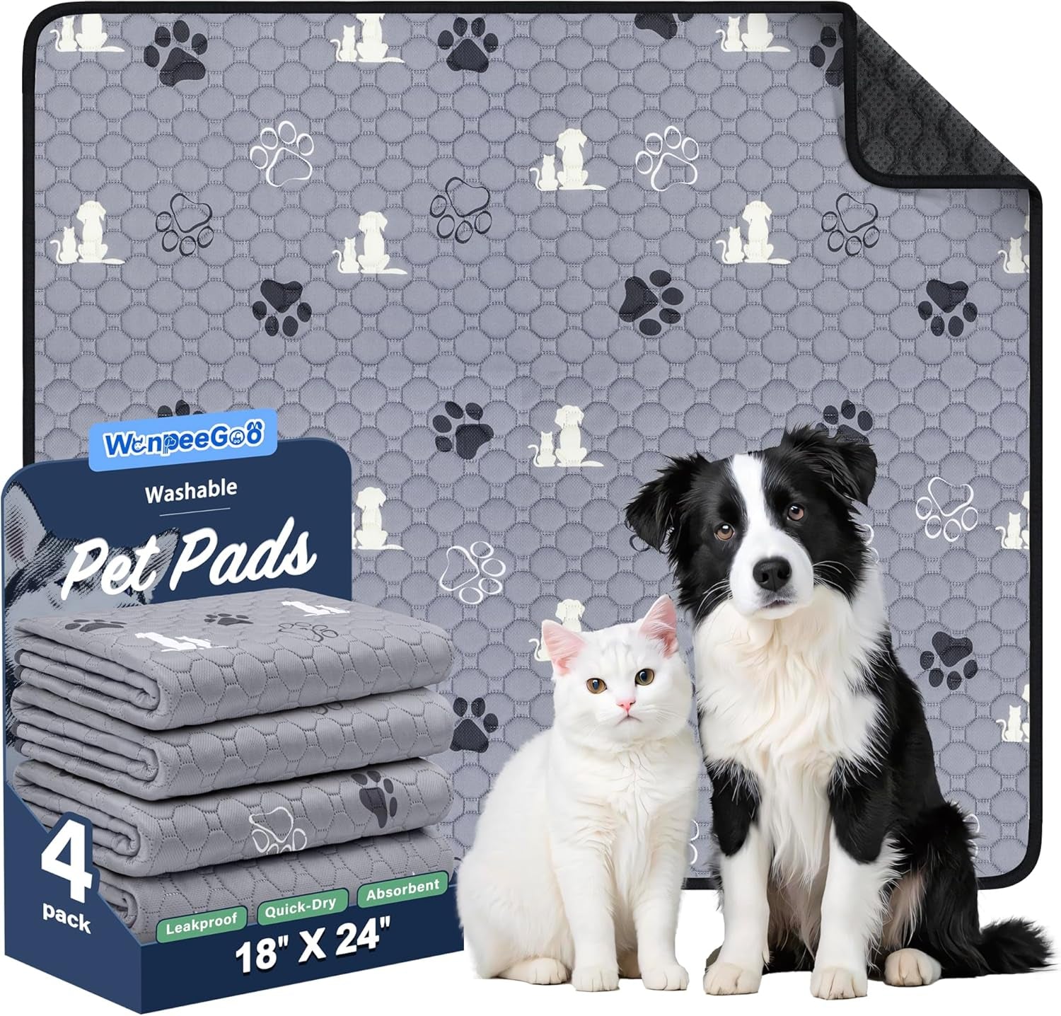 Washable Pee Pads for Dogs Mat, 4 Pack Absorbent Reusable Training Dog Pads Pet Puppy Pads, Non-Slip Potty Pads for Whelping, Playpen, Crate, Bed, Grey 18"X24"