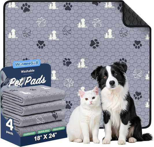 Washable Pee Pads for Dogs Mat, 4 Pack Absorbent Reusable Training Dog Pads Pet Puppy Pads, Non-Slip Potty Pads for Whelping, Playpen, Crate, Bed, Grey 18"X24"