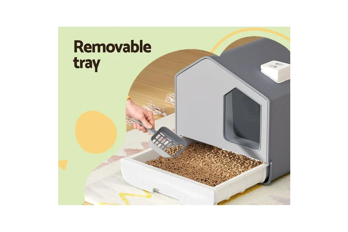 I.Pet Cat Litter Box Large Tray Kitty Toilet Enclosed Cat Litter Box Hooded Scoop Mat Grey