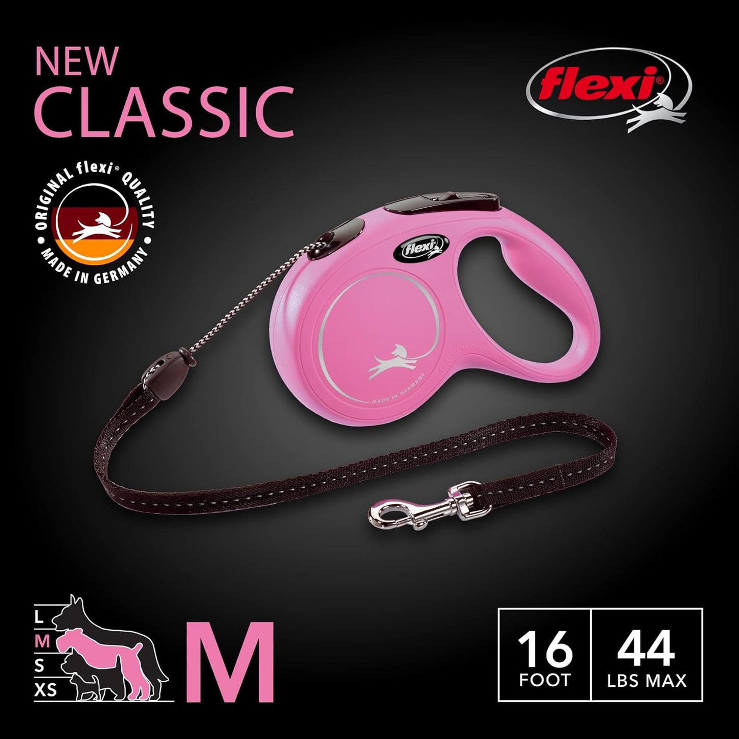 New Classic Retractable Dog Leash (Cord), 16 Ft, Medium, Pink
