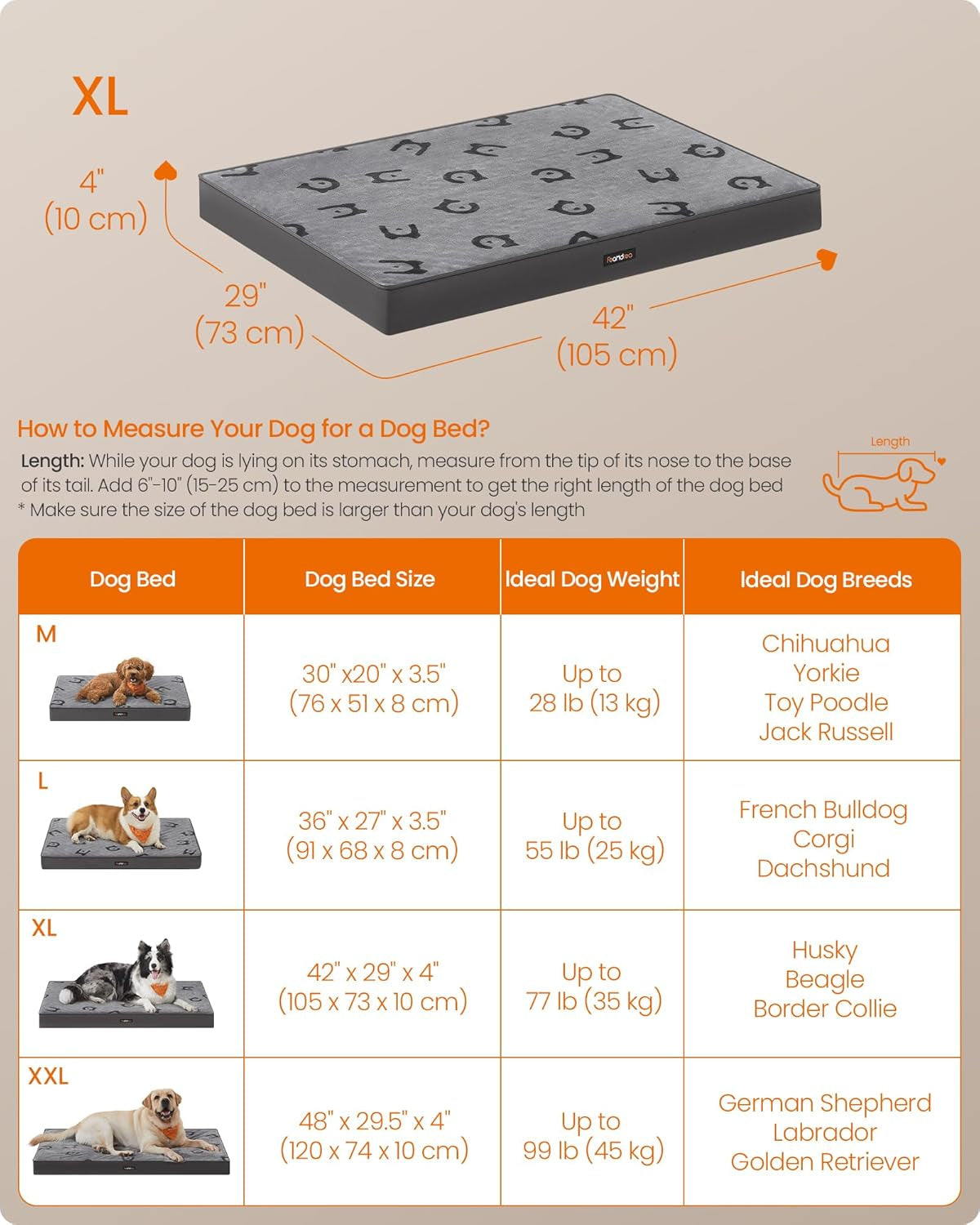 Orthopedic Dog Bed, Large Washable Dog Bed Mattress for Dog Crate, Double-Sided Egg Crate Foam Pet Bed with Waterproof Removable Cover, Side Handle, XL, 105 X 73 X 10 Cm, Dove Grey PGW243G01