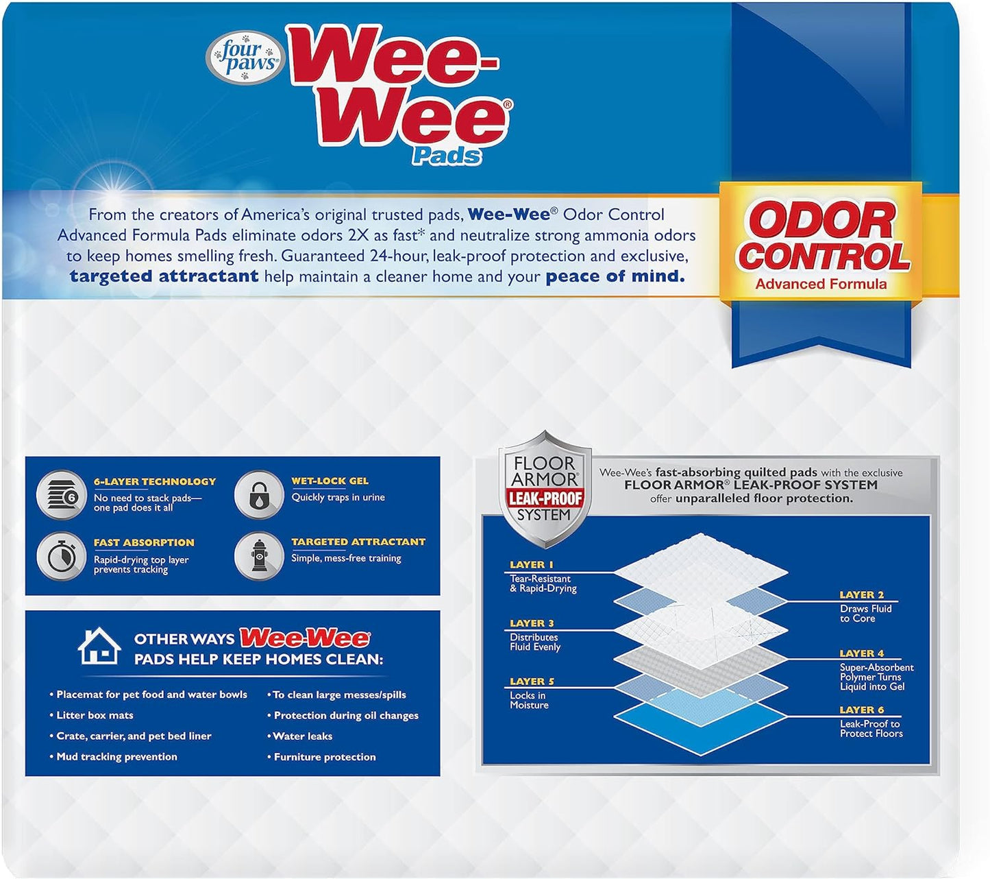 Wee-Wee Odor Control Advanced Formula Unscented Pee Pads for Dogs & Puppies, Leak-Proof Housebreaking Potty Training Floor Protection, 22" X 23", 100 Count