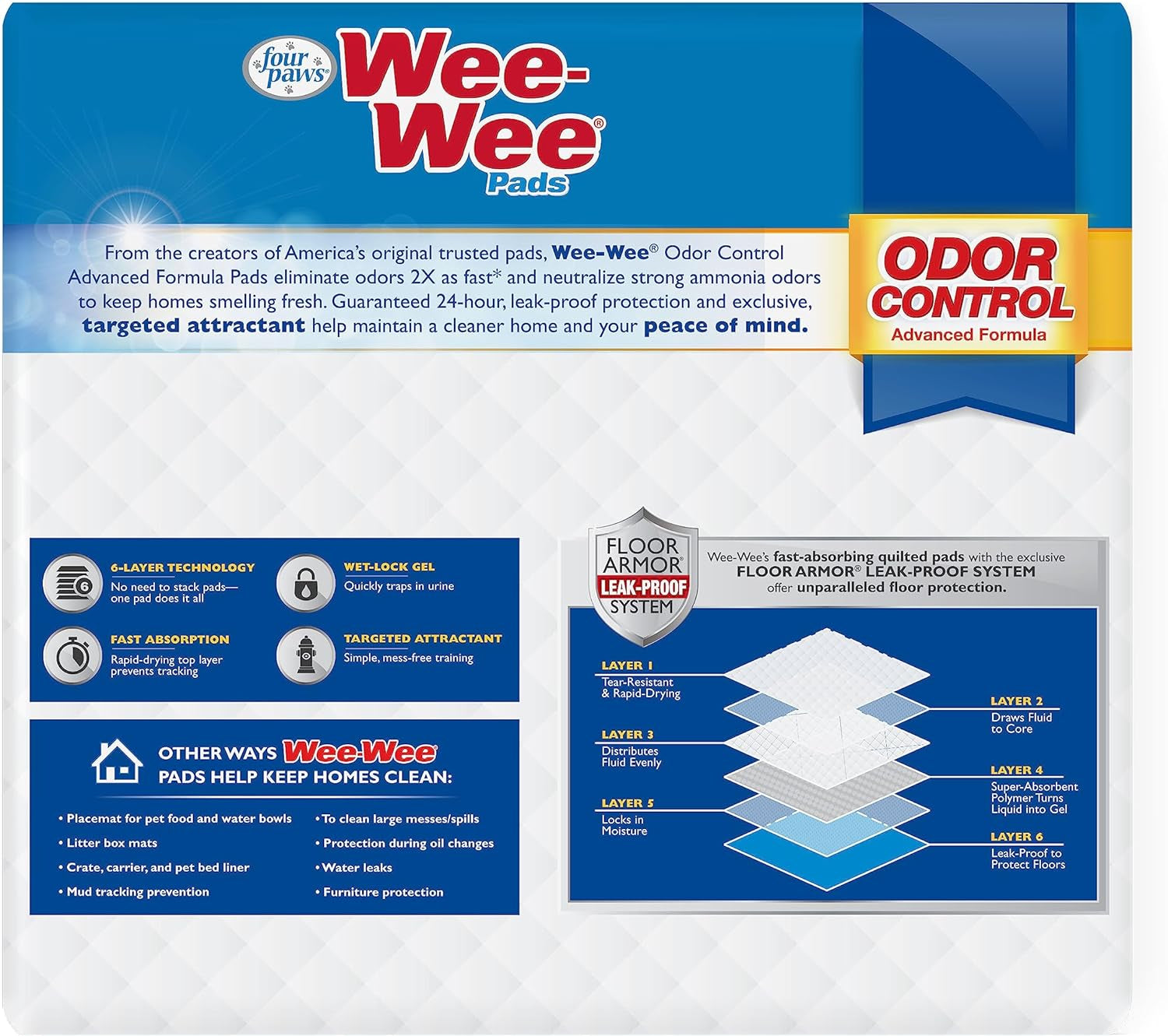 Wee-Wee Odor Control Advanced Formula Unscented Pee Pads for Dogs & Puppies, Leak-Proof Housebreaking Potty Training Floor Protection, 22" X 23", 100 Count