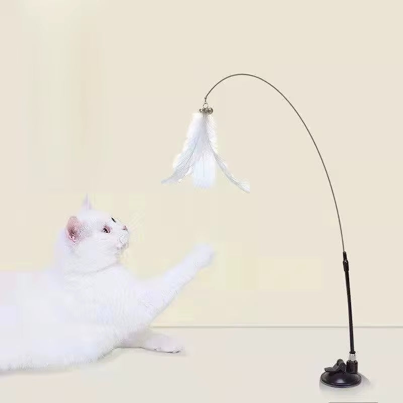 Cat Toys Interactive Cat Toy Steel Wire Feather Toys for Cats Stick Suction Cup Feather Cats Toy with Bell Teaser Pet Products