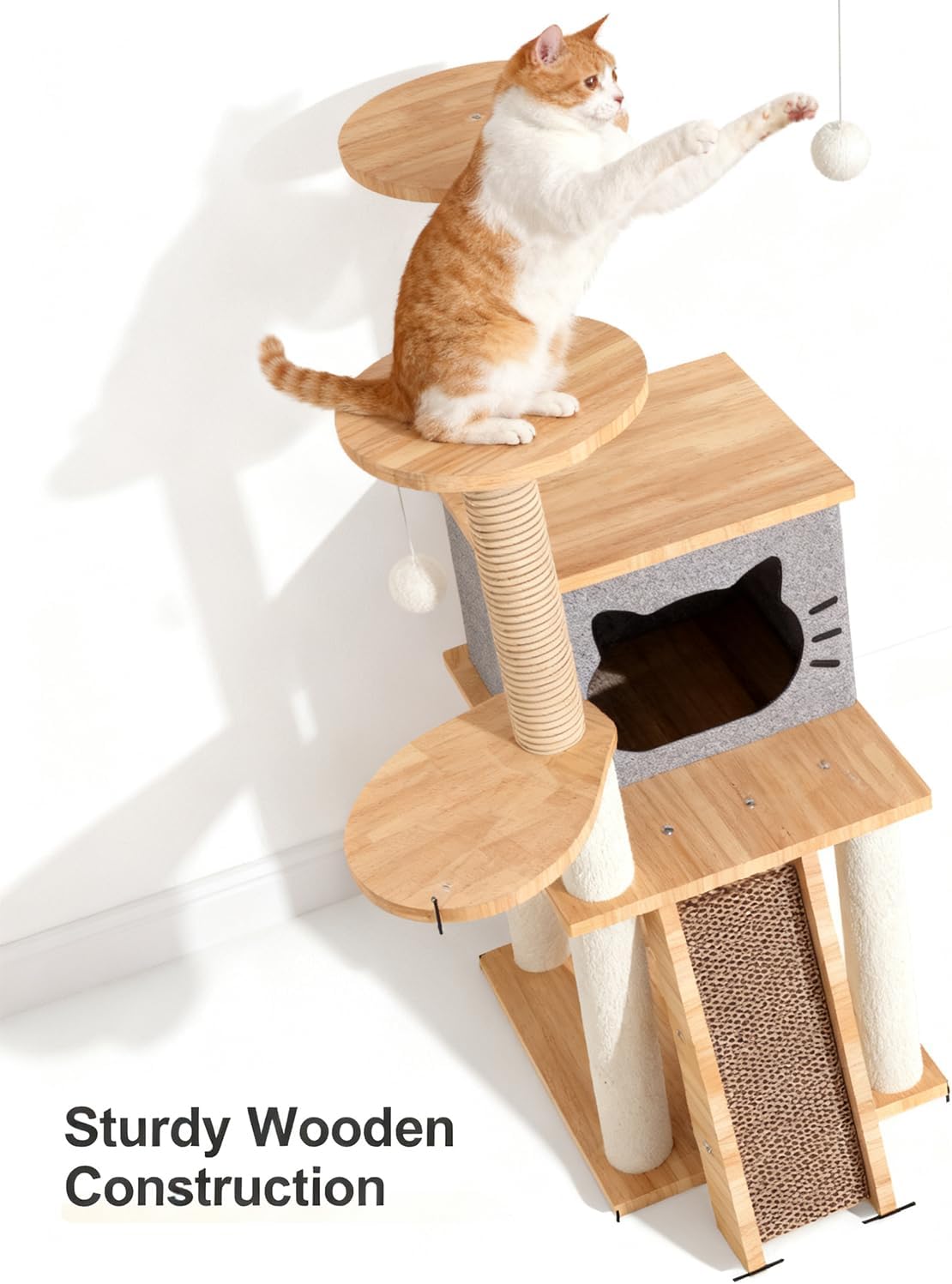 Wooden Cat Tree, 150Cm/130Cm/120Cm Cat Furniture with Scratching Posts, Modern Cat Tower with Hammocks, Toys, Cat Condo Modern Environmental-Friendly Woodcraft Style (1.2M)