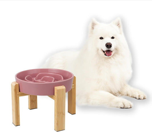 Elevated Slow Feeder Dog Bowl - Ceramic Food Dish with Bamboo Stand - Raised Maze Design - Ideal for Medium to Large Dogs - Pink - 8.8 Inch
