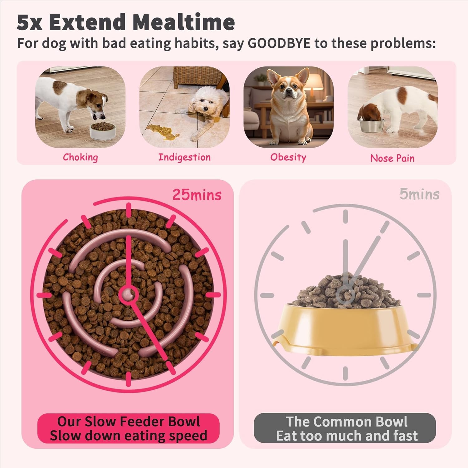 Elevated Slow Feeder Dog Bowl - Raised Ceramic Dog Bowl with Anti-Slip Stand - Fun Maze Dog Feeding Bowl for Fast Eater - Heavy Dog Food Dish - Designed for Small and Medium Dogs - Pink - 6.7 Inch