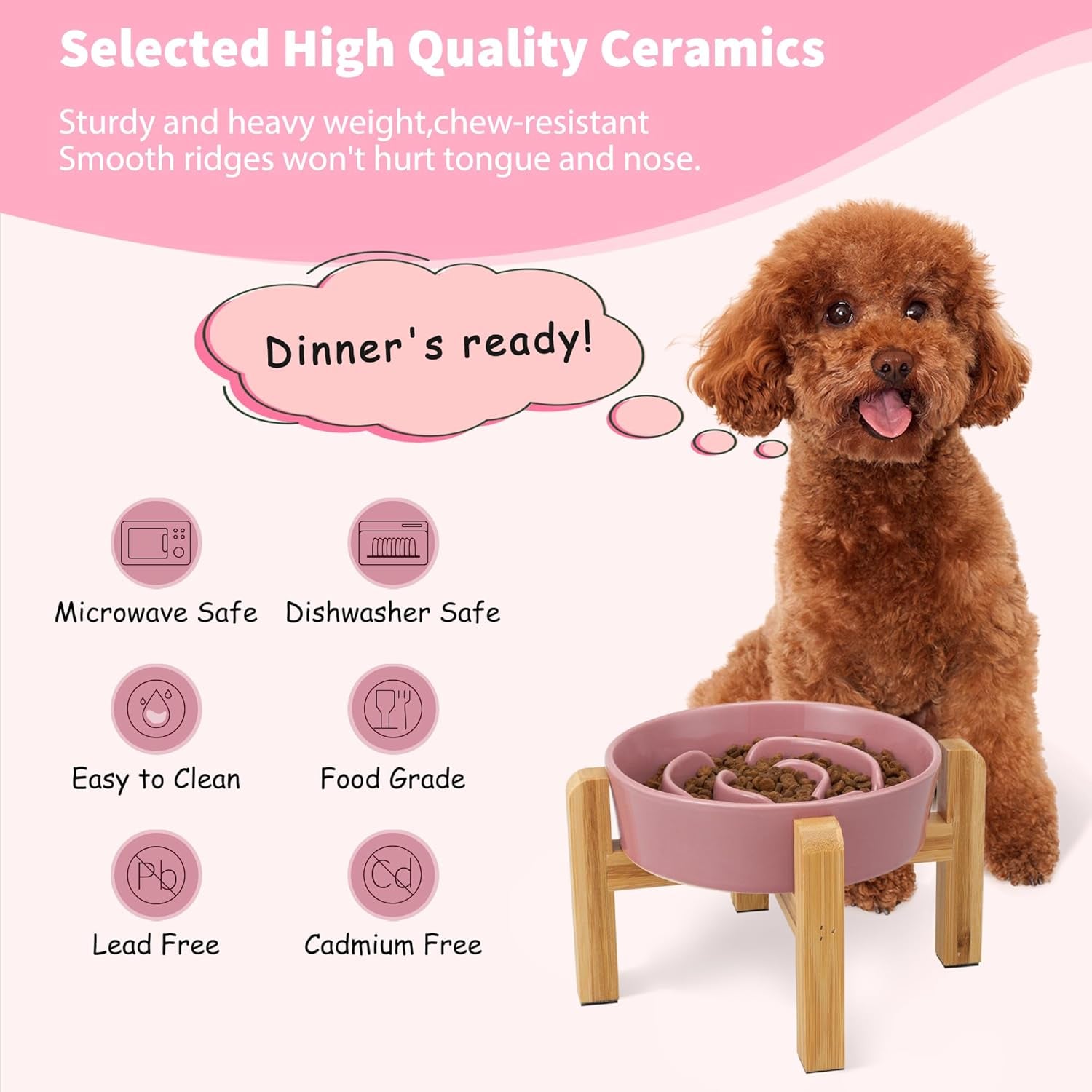 Elevated Slow Feeder Dog Bowl - Raised Ceramic Dog Bowl with Anti-Slip Stand - Fun Maze Dog Feeding Bowl for Fast Eater - Heavy Dog Food Dish - Designed for Small and Medium Dogs - Pink - 6.7 Inch
