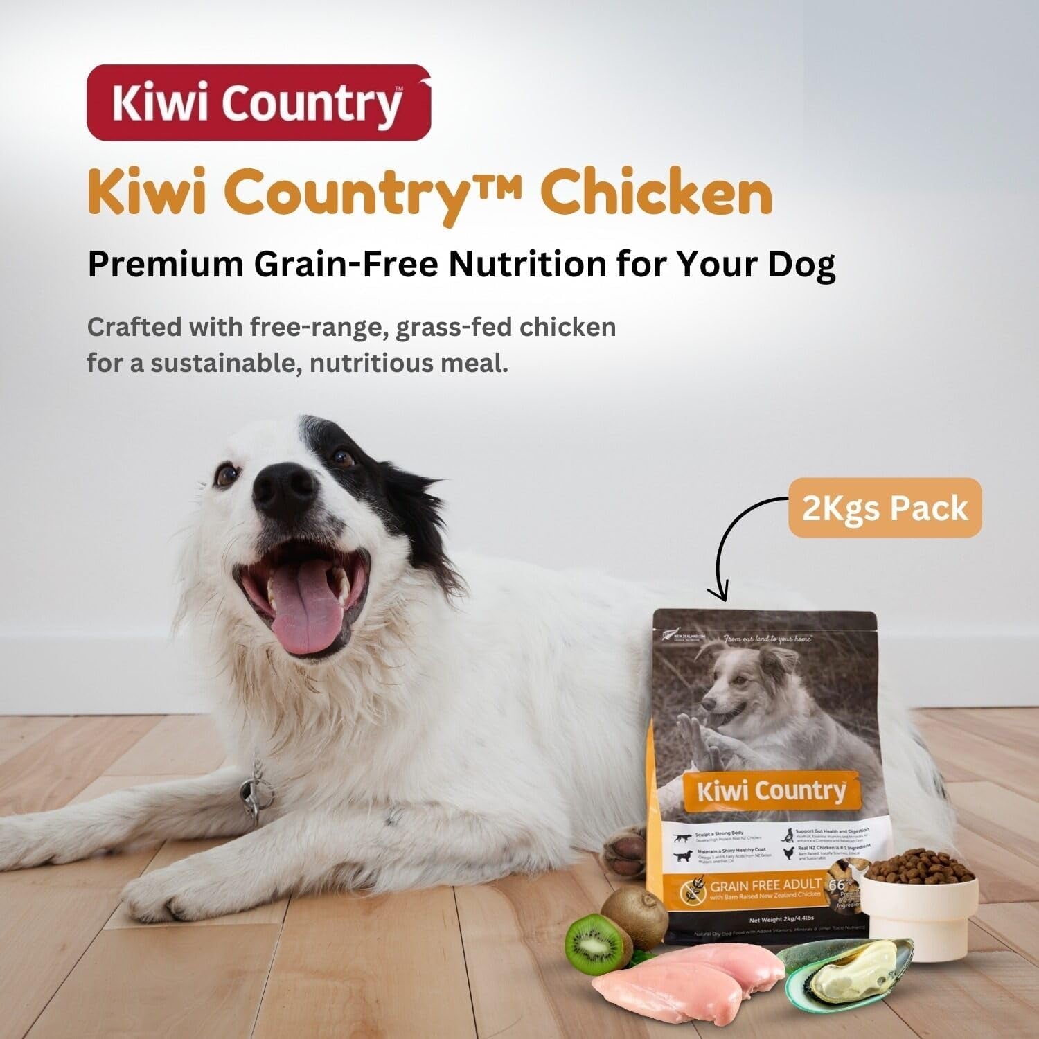 Grain-Free Chicken Dry Dog Food, 2Kg, Cage-Free Chicken, Nutrient-Dense Formula, High-Protein, Natural Dog Food Made in New Zealand – for All Breeds & Sensitive Stomachs