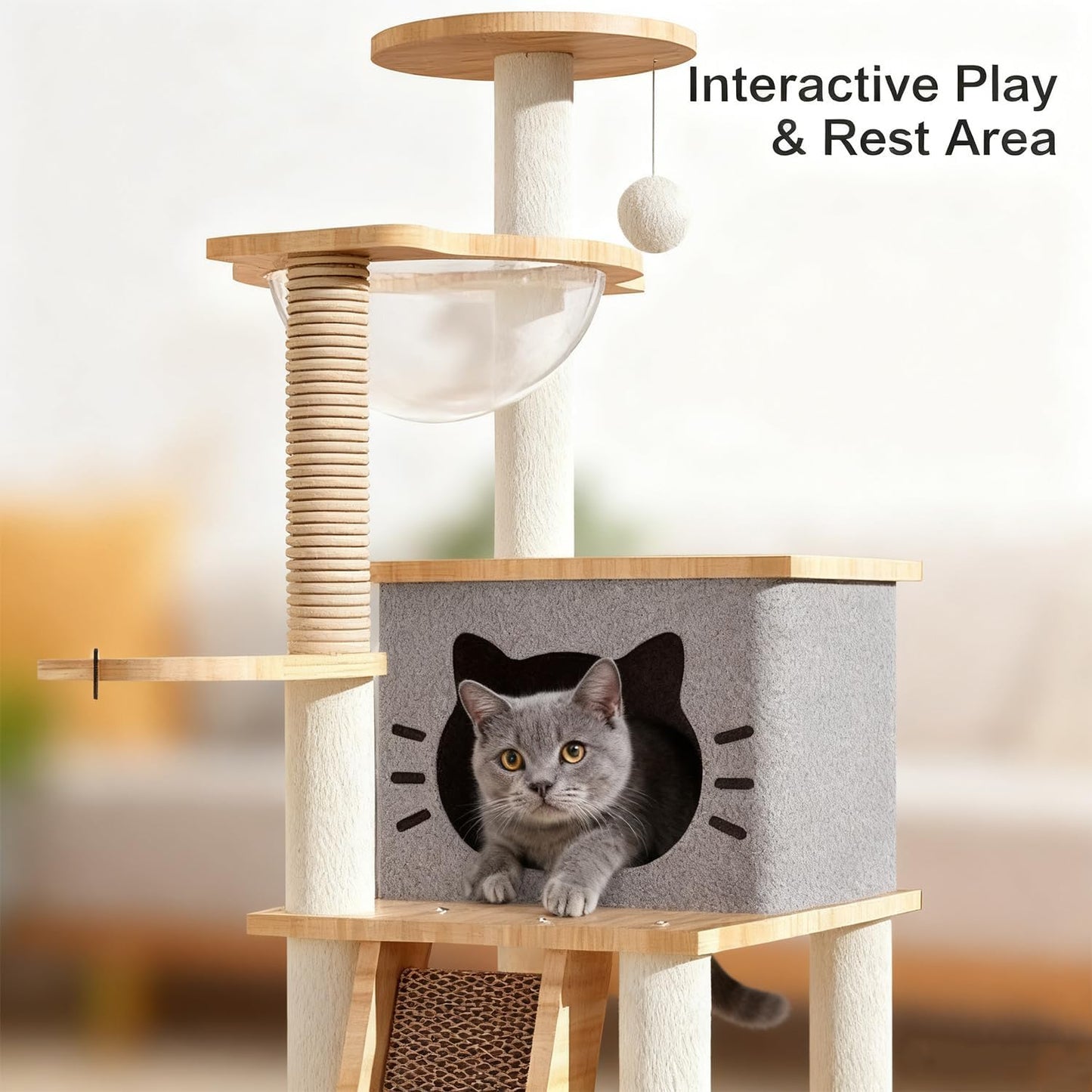 Wooden Cat Tree, 150Cm/130Cm/120Cm Cat Furniture with Scratching Posts, Modern Cat Tower with Hammocks, Toys, Cat Condo Modern Environmental-Friendly Woodcraft Style (1.2M)