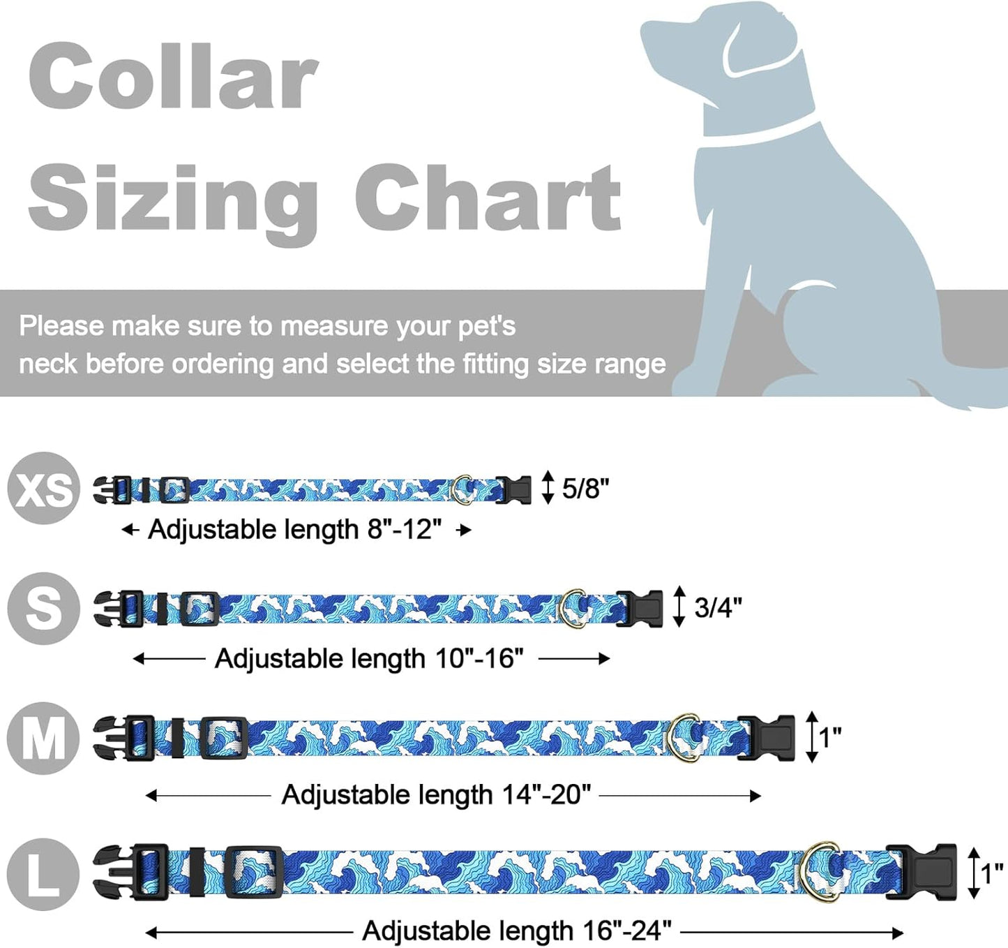 Dog Collar for Small Dogs, Cute Heavy Duty Adjustable Puppy Collar with Quick Release Buckle for Boy Girl & Female, Pet Accessories for Walking Running, S Length 3/4" Width, Japanese Style Wave