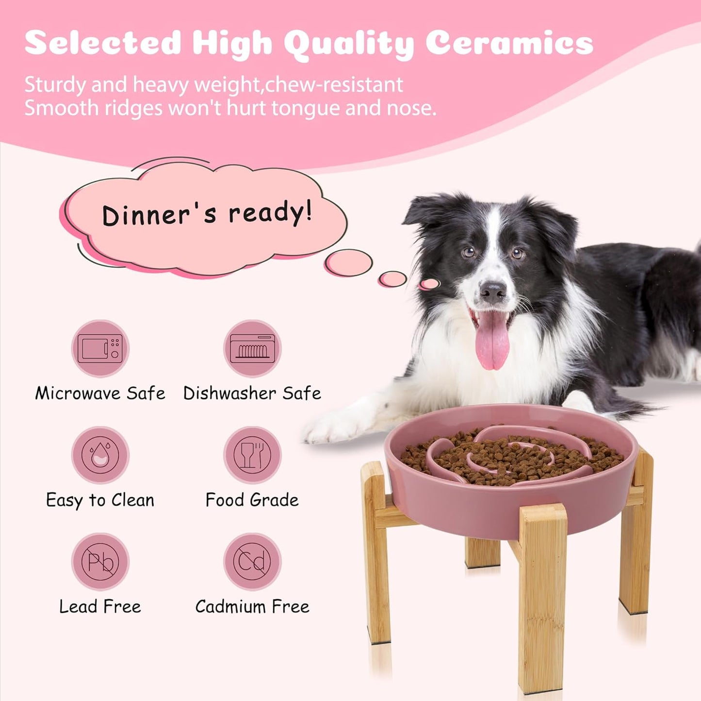 Elevated Slow Feeder Dog Bowl - Ceramic Food Dish with Bamboo Stand - Raised Maze Design - Ideal for Medium to Large Dogs - Pink - 8.8 Inch