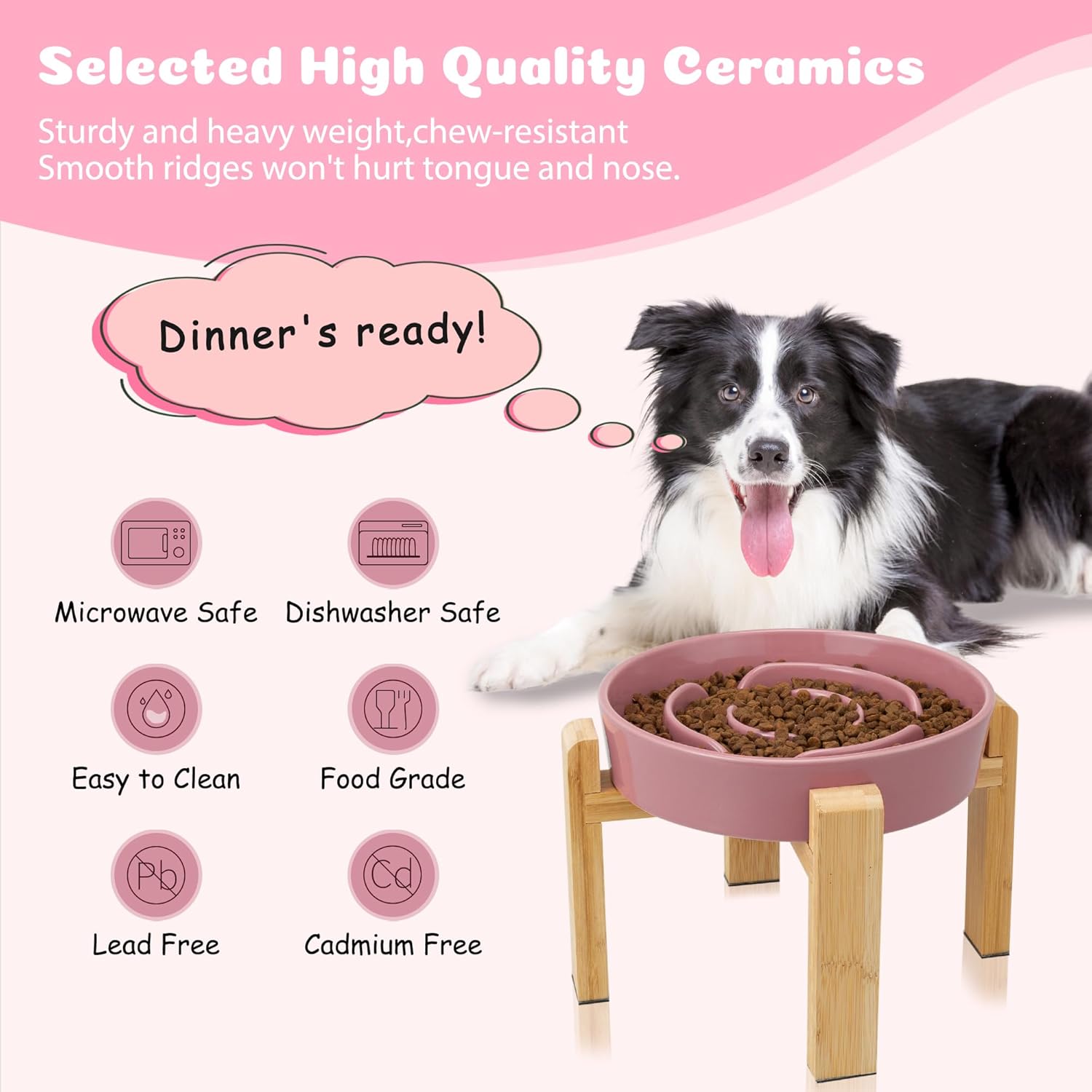 Elevated Slow Feeder Dog Bowl - Ceramic Food Dish with Bamboo Stand - Raised Maze Design - Ideal for Medium to Large Dogs - Pink - 8.8 Inch