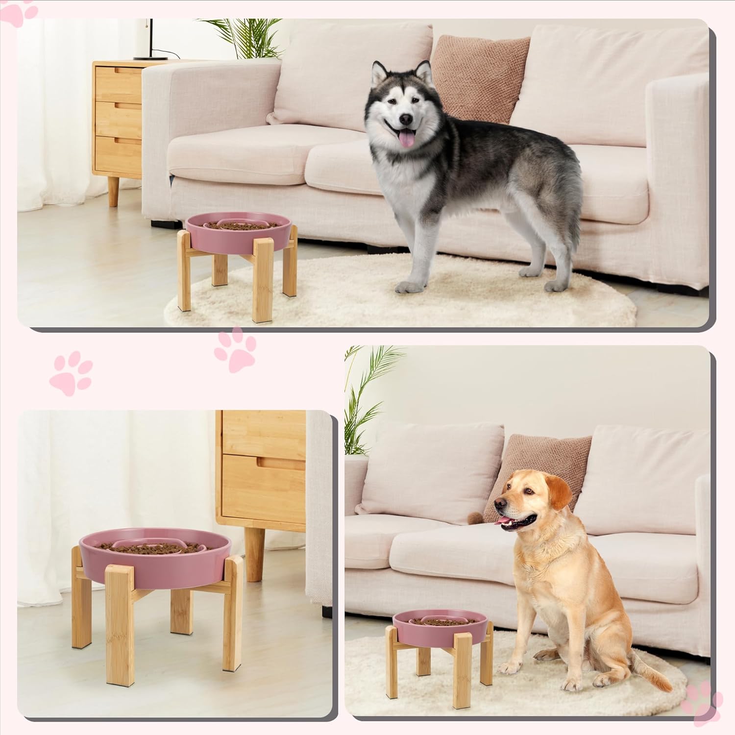 Elevated Slow Feeder Dog Bowl - Ceramic Food Dish with Bamboo Stand - Raised Maze Design - Ideal for Medium to Large Dogs - Pink - 8.8 Inch