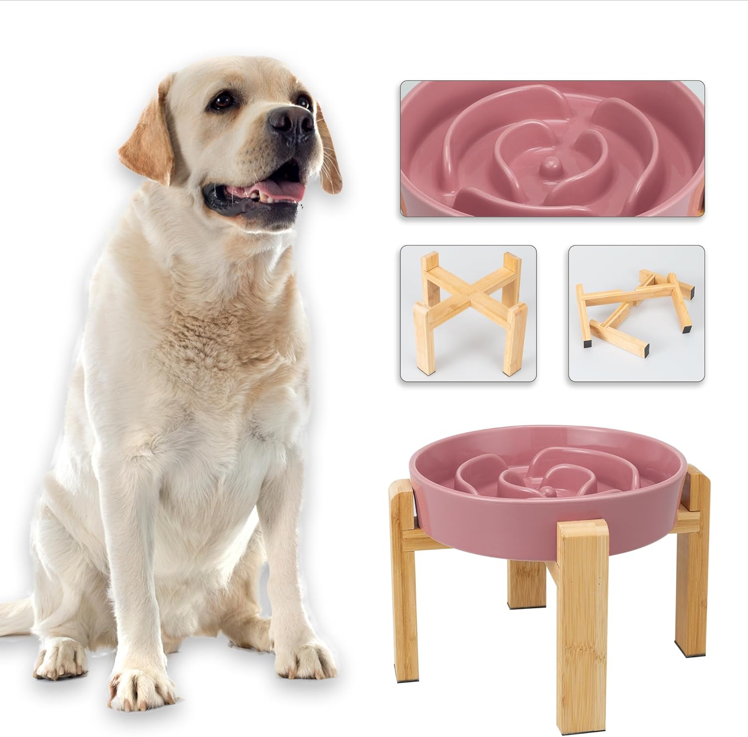 Elevated Slow Feeder Dog Bowl - Ceramic Food Dish with Bamboo Stand - Raised Maze Design - Ideal for Medium to Large Dogs - Pink - 8.8 Inch