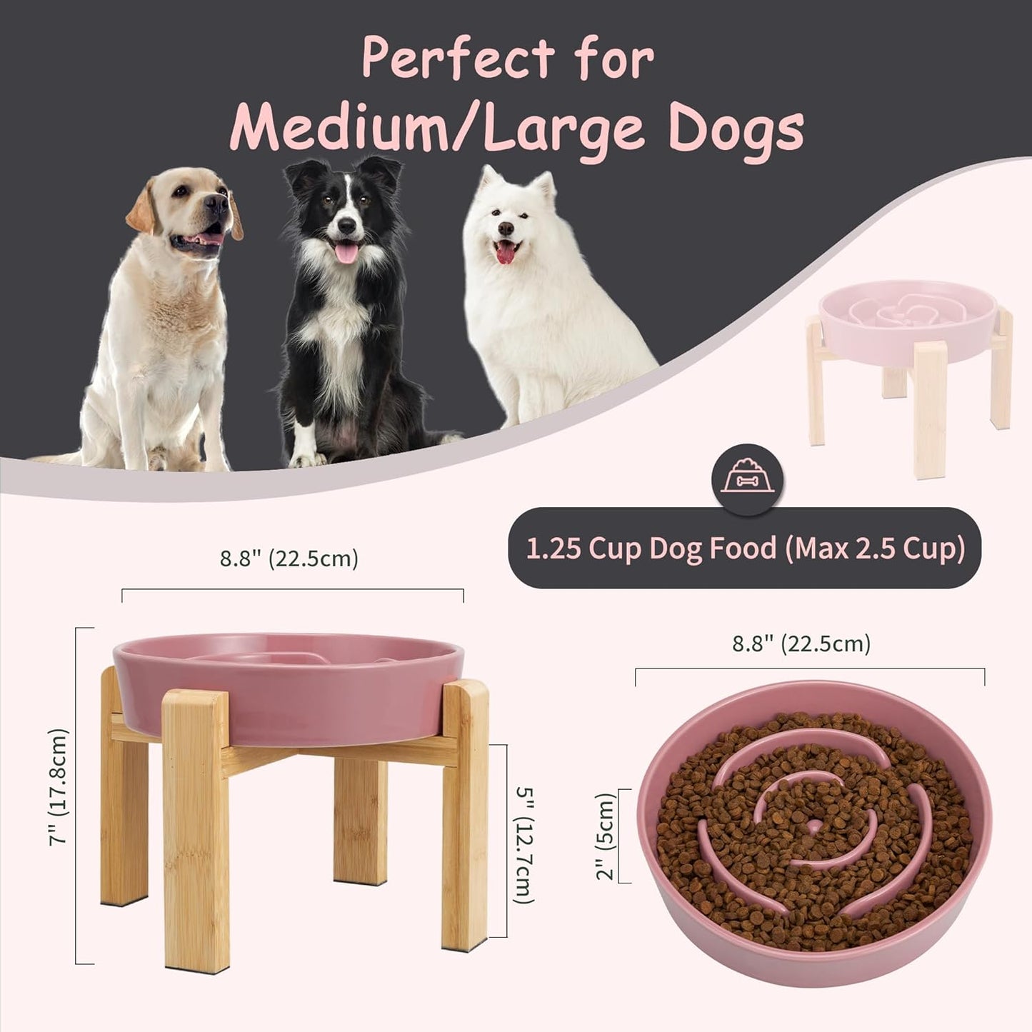 Elevated Slow Feeder Dog Bowl - Ceramic Food Dish with Bamboo Stand - Raised Maze Design - Ideal for Medium to Large Dogs - Pink - 8.8 Inch