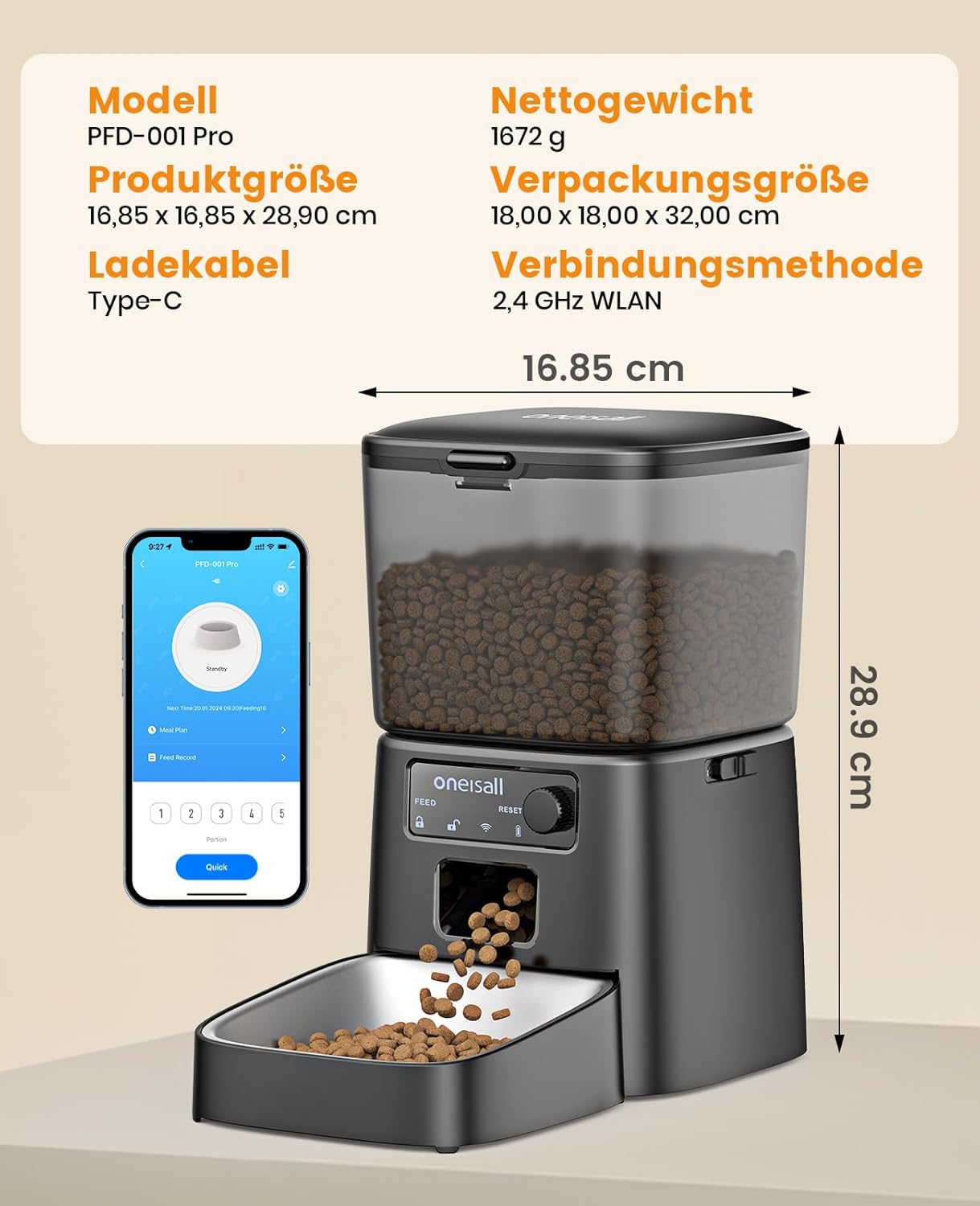 Automatic Cat Feeder, 3.5L Smart Timed Pet Feeder Dry Food Dispenser with Desiccant Bag for Cats/Dogs, App Control,1-12 Meals a Day,10S Meal Call,Dual Power,Stainless Steel Bowl(Black)
