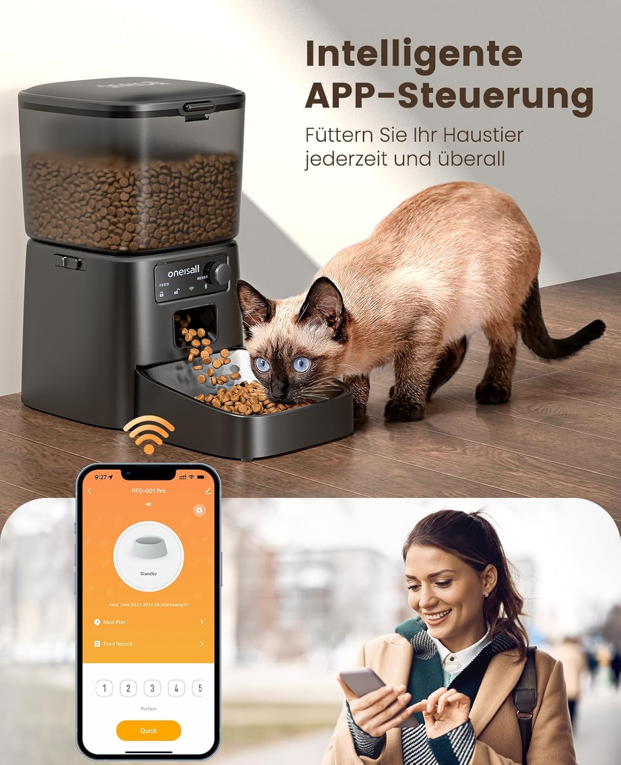 Automatic Cat Feeder, 3.5L Smart Timed Pet Feeder Dry Food Dispenser with Desiccant Bag for Cats/Dogs, App Control,1-12 Meals a Day,10S Meal Call,Dual Power,Stainless Steel Bowl(Black)