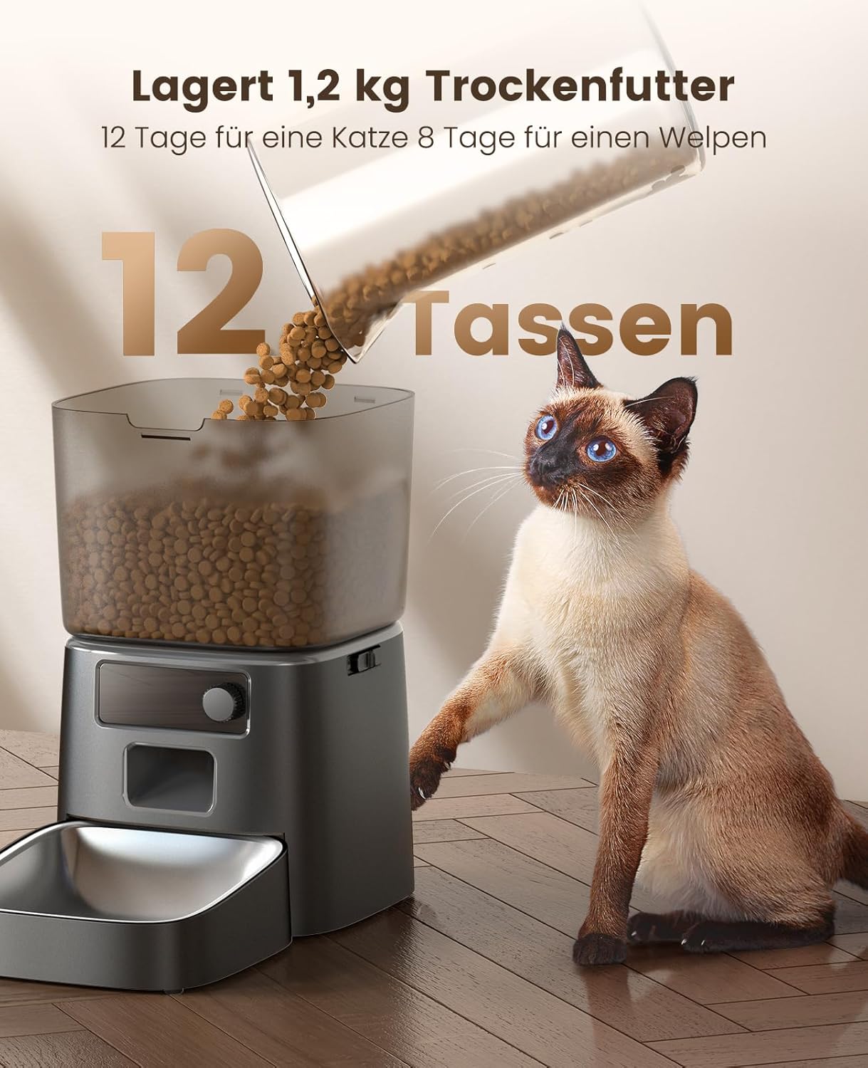 Automatic Cat Feeder, 3.5L Smart Timed Pet Feeder Dry Food Dispenser with Desiccant Bag for Cats/Dogs, App Control,1-12 Meals a Day,10S Meal Call,Dual Power,Stainless Steel Bowl(Black)