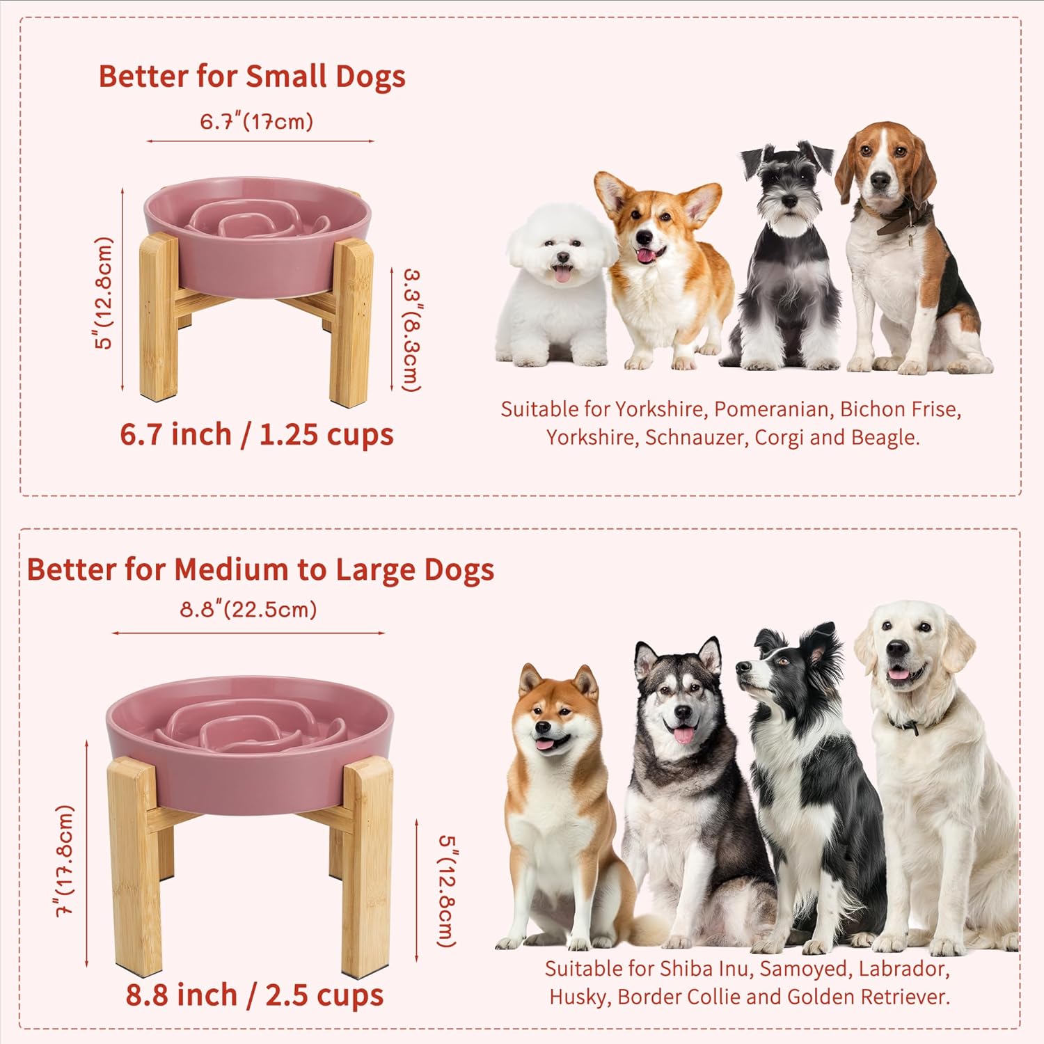 Elevated Slow Feeder Dog Bowl - Ceramic Food Dish with Bamboo Stand - Raised Maze Design - Ideal for Medium to Large Dogs - Pink - 8.8 Inch