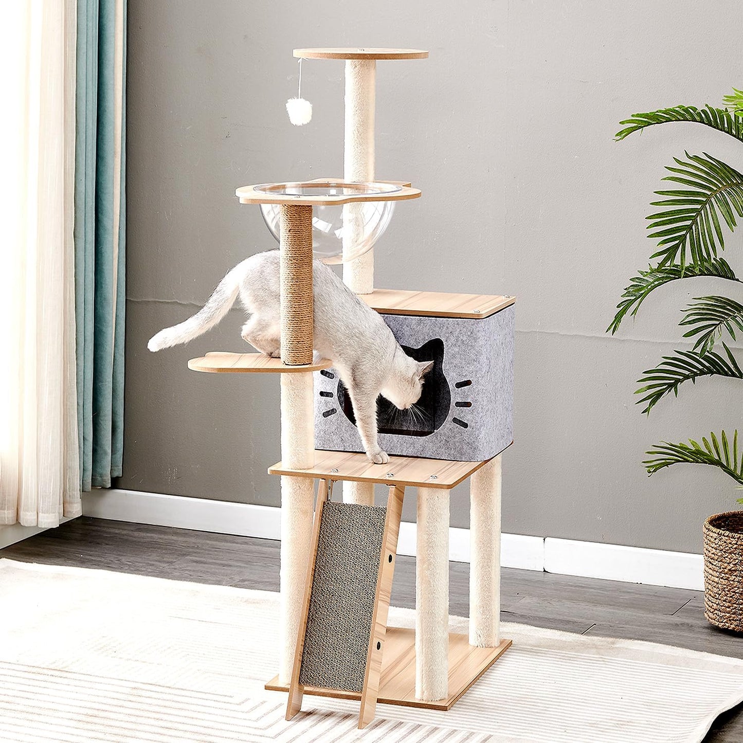 Wooden Cat Tree, 150Cm/130Cm/120Cm Cat Furniture with Scratching Posts, Modern Cat Tower with Hammocks, Toys, Cat Condo Modern Environmental-Friendly Woodcraft Style (1.2M)