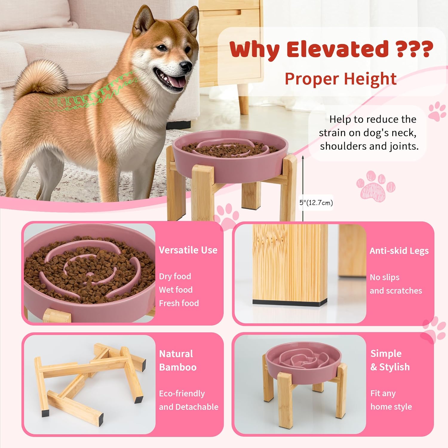 Elevated Slow Feeder Dog Bowl - Ceramic Food Dish with Bamboo Stand - Raised Maze Design - Ideal for Medium to Large Dogs - Pink - 8.8 Inch