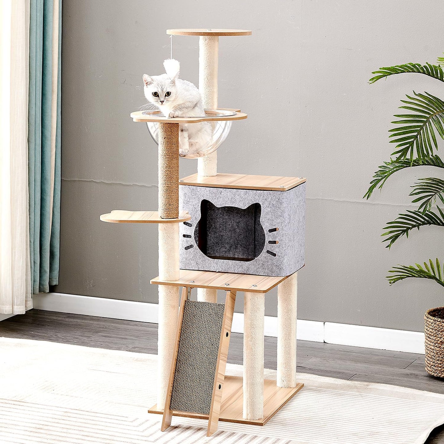 Wooden Cat Tree, 150Cm/130Cm/120Cm Cat Furniture with Scratching Posts, Modern Cat Tower with Hammocks, Toys, Cat Condo Modern Environmental-Friendly Woodcraft Style (1.2M)