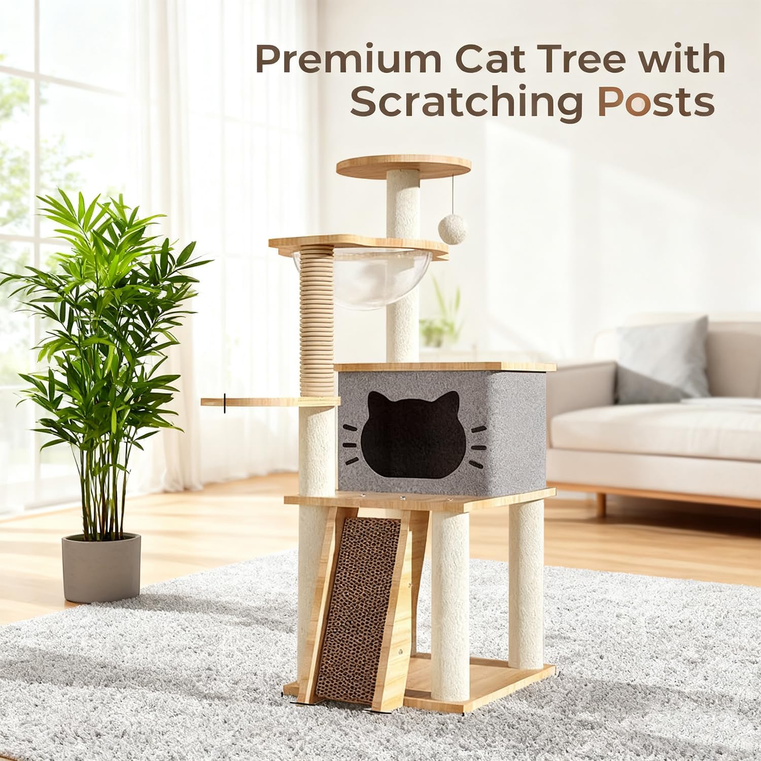 Wooden Cat Tree, 150Cm/130Cm/120Cm Cat Furniture with Scratching Posts, Modern Cat Tower with Hammocks, Toys, Cat Condo Modern Environmental-Friendly Woodcraft Style (1.2M)
