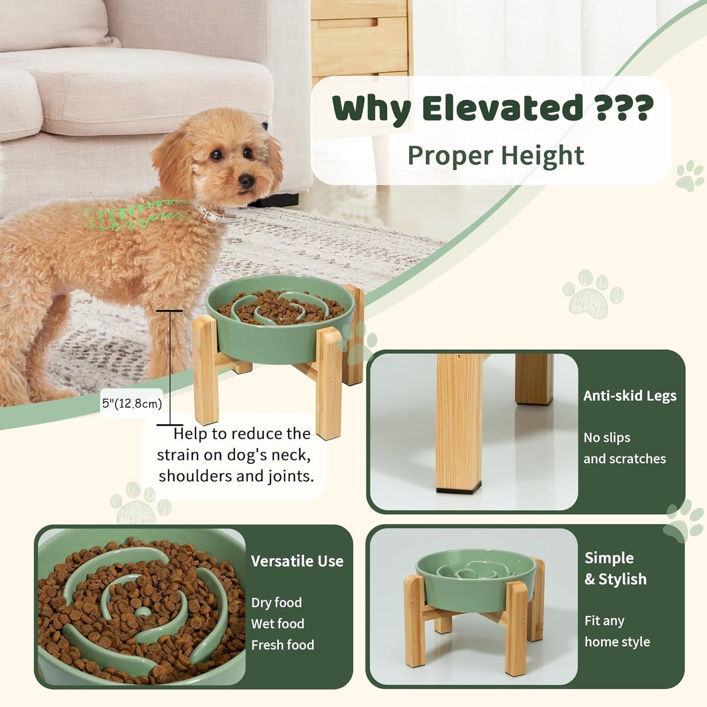 Elevated Slow Feeder Dog Bowl - Raised Ceramic Dog Bowl with Anti-Slip Stand - Fun Maze Dog Feeding Bowl for Fast Eater - Heavy Dog Food Dish - Designed for Small and Medium Dogs - Green - 6.7 Inch