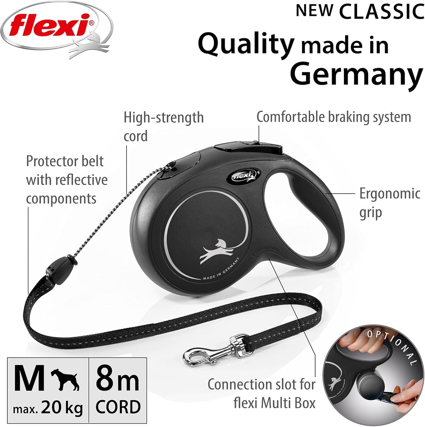 Classic Cord Retractable Dog Lead Black Medium 8 Metres