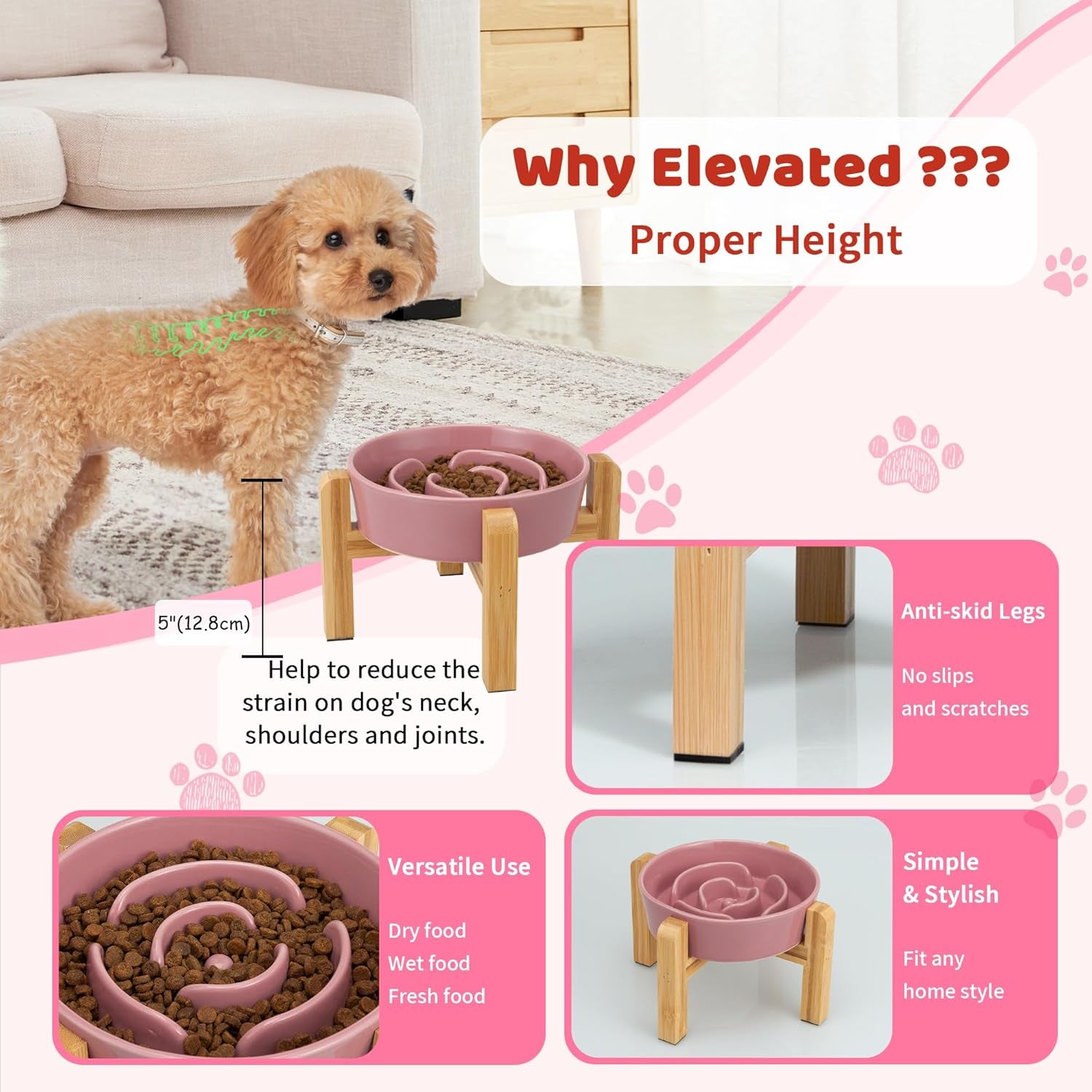 Elevated Slow Feeder Dog Bowl - Raised Ceramic Dog Bowl with Anti-Slip Stand - Fun Maze Dog Feeding Bowl for Fast Eater - Heavy Dog Food Dish - Designed for Small and Medium Dogs - Pink - 6.7 Inch