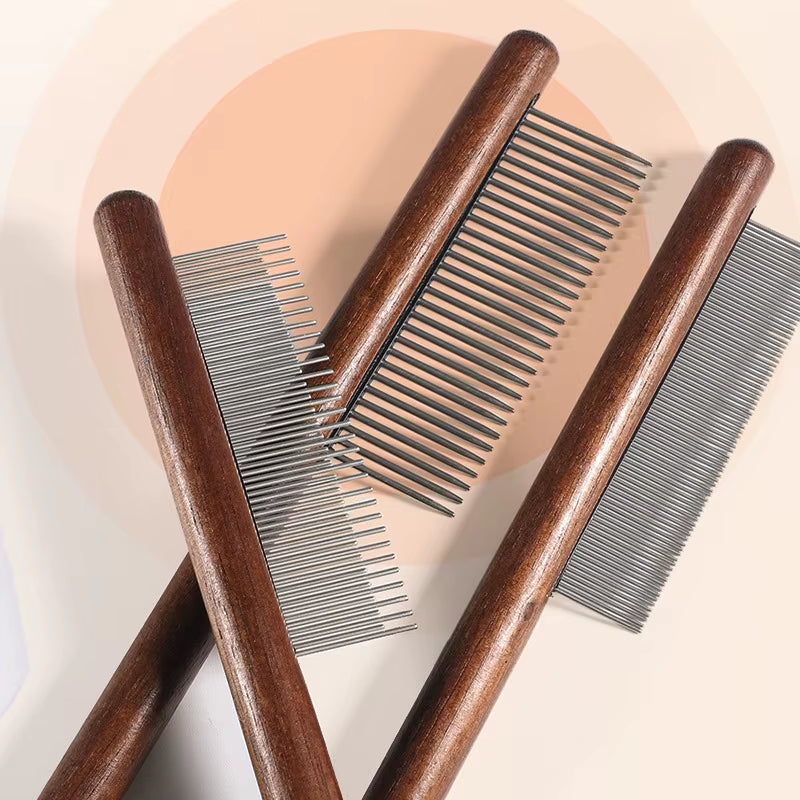 Pet Comb with Rounded Ends Stainless Steel Teeth for Long and Short Haired Cats Wooden Handle Cat Dog Combs Pet Grooming Tool