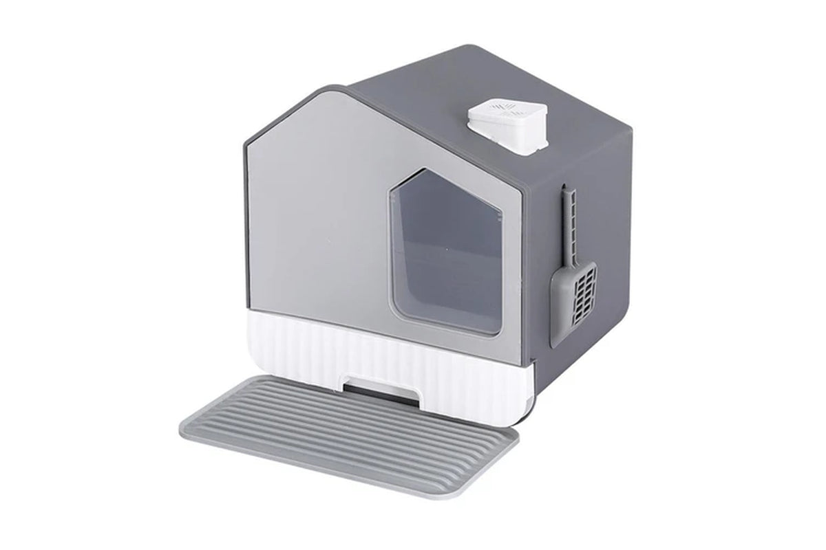 I.Pet Cat Litter Box Large Tray Kitty Toilet Enclosed Cat Litter Box Hooded Scoop Mat Grey