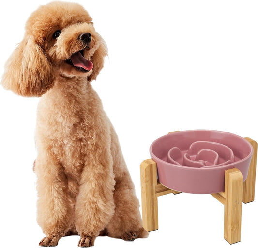 Elevated Slow Feeder Dog Bowl - Raised Ceramic Dog Bowl with Anti-Slip Stand - Fun Maze Dog Feeding Bowl for Fast Eater - Heavy Dog Food Dish - Designed for Small and Medium Dogs - Pink - 6.7 Inch