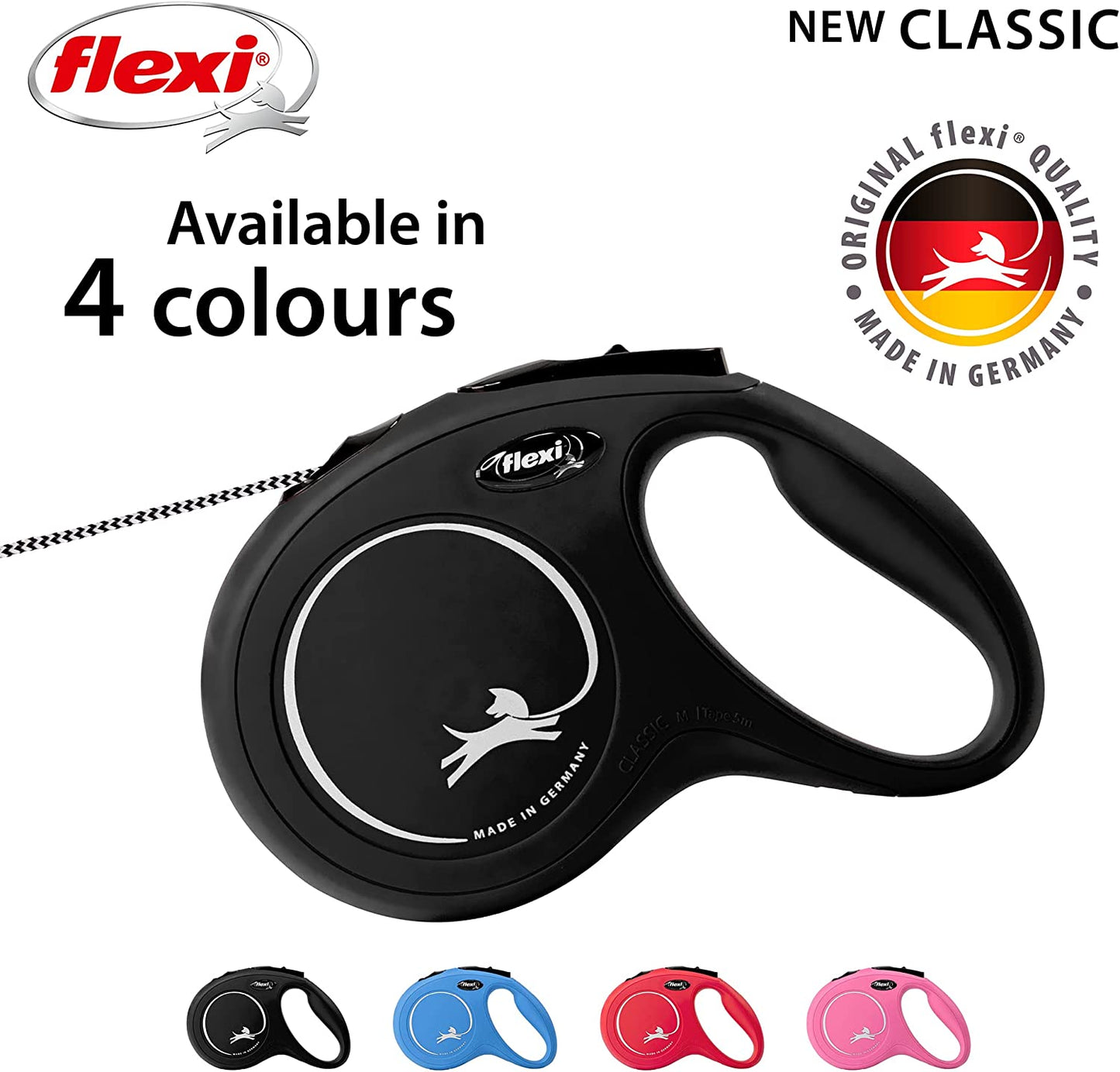 Classic Cord Retractable Dog Lead Black Medium 8 Metres