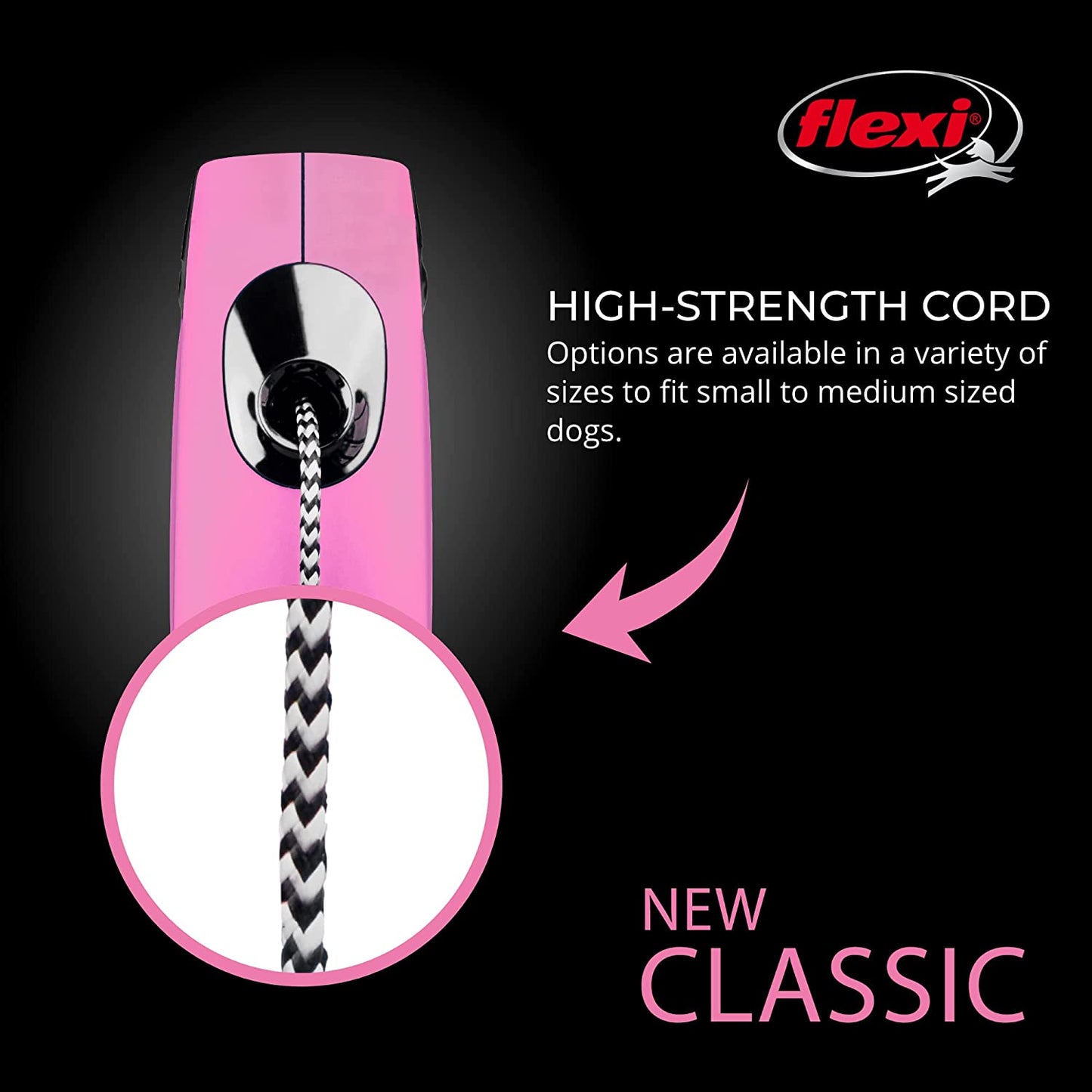 New Classic Retractable Dog Leash (Cord), 16 Ft, Medium, Pink