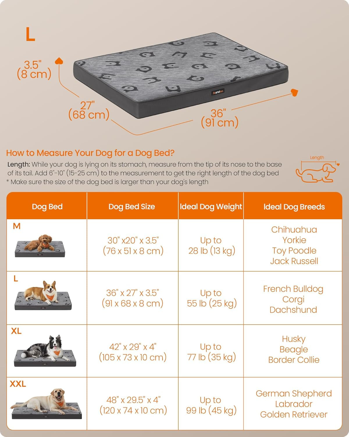 Double-Sided Dog Bed, Leakproof Dog Sofa Bed for Medium Dogs, Egg Crate Foam Pet Bed with Removable Washable Cover, Side Handle, L, 91 X 68 X 8 Cm, Dove Grey PGW242G01