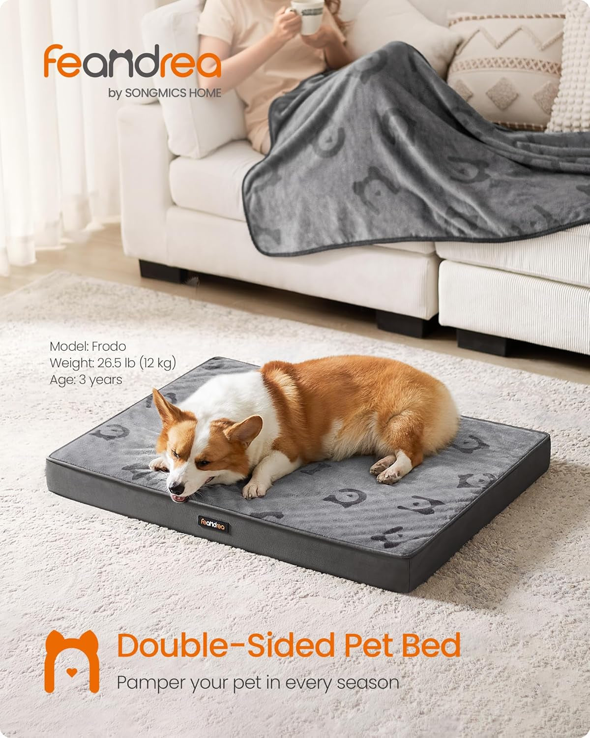 Double-Sided Dog Bed, Leakproof Dog Sofa Bed for Medium Dogs, Egg Crate Foam Pet Bed with Removable Washable Cover, Side Handle, L, 91 X 68 X 8 Cm, Dove Grey PGW242G01