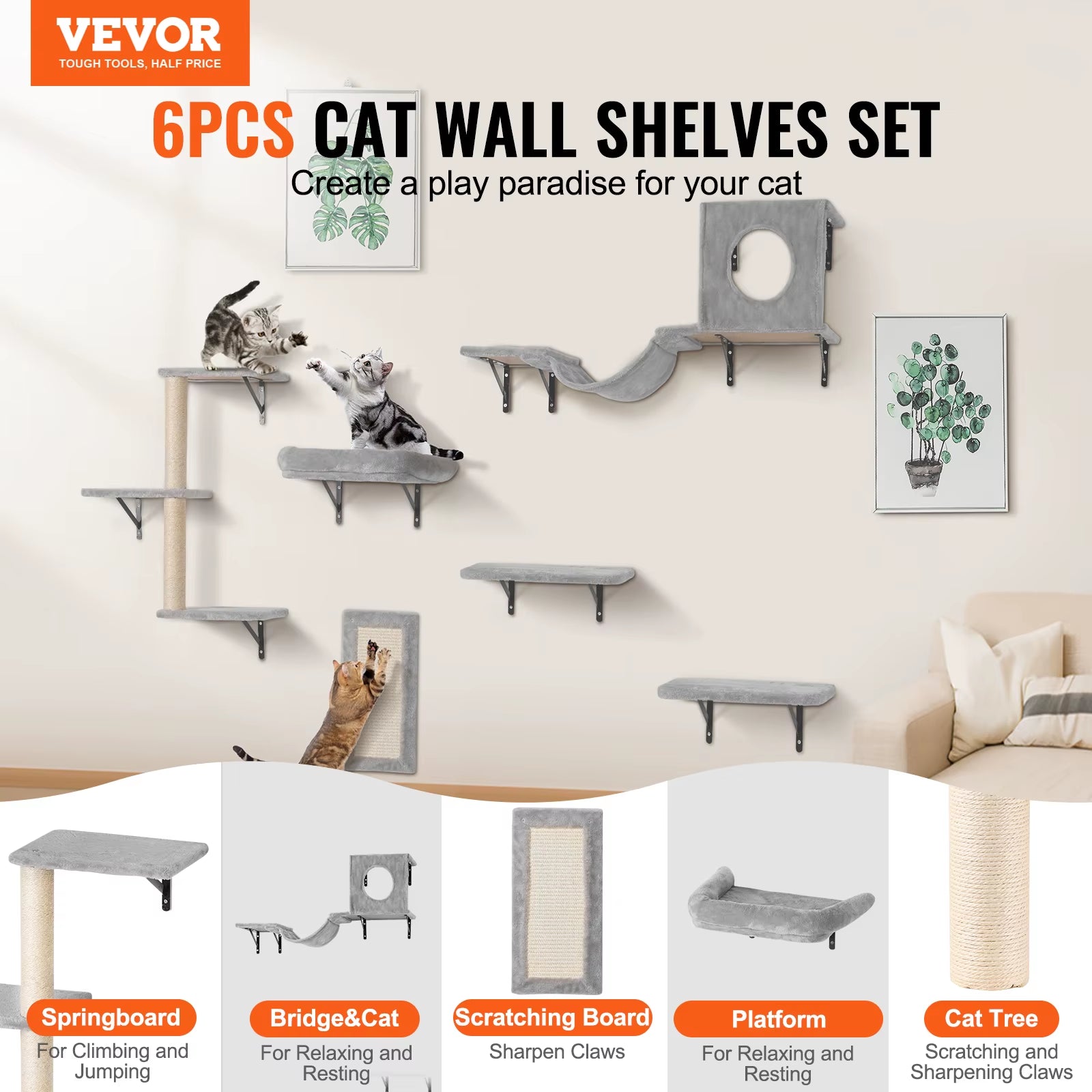 Succebuy Wall Mounted Cat Shelves Cat Wall Shelves and Perches with Jumping Boards Cat Tree & Cat Grip Cat Furniture and Shelves