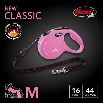 New Classic Retractable Dog Leash (Cord), 16 Ft, Medium, Pink