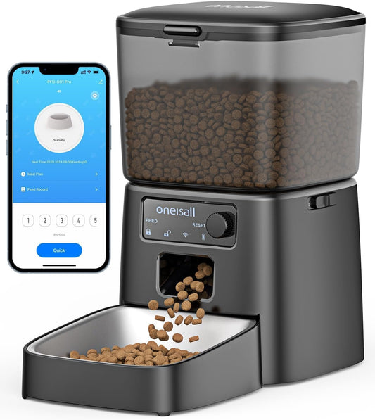 Automatic Cat Feeder, 3.5L Smart Timed Pet Feeder Dry Food Dispenser with Desiccant Bag for Cats/Dogs, App Control,1-12 Meals a Day,10S Meal Call,Dual Power,Stainless Steel Bowl(Black)