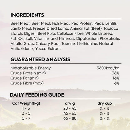 Adult Dry Cat Food, Beef & Freeze Dried Lamb 1.8Kg, High Protein Grain Free Kibble, Supports Digestion & Reduces Litter Odour