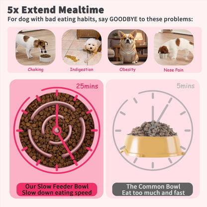 Elevated Slow Feeder Dog Bowl - Raised Ceramic Dog Bowl with Anti-Slip Stand - Fun Maze Dog Feeding Bowl for Fast Eater - Heavy Dog Food Dish - Designed for Small and Medium Dogs - Pink - 6.7 Inch