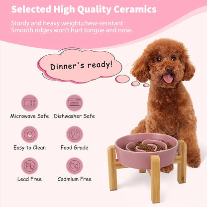 Elevated Slow Feeder Dog Bowl - Raised Ceramic Dog Bowl with Anti-Slip Stand - Fun Maze Dog Feeding Bowl for Fast Eater - Heavy Dog Food Dish - Designed for Small and Medium Dogs - Pink - 6.7 Inch
