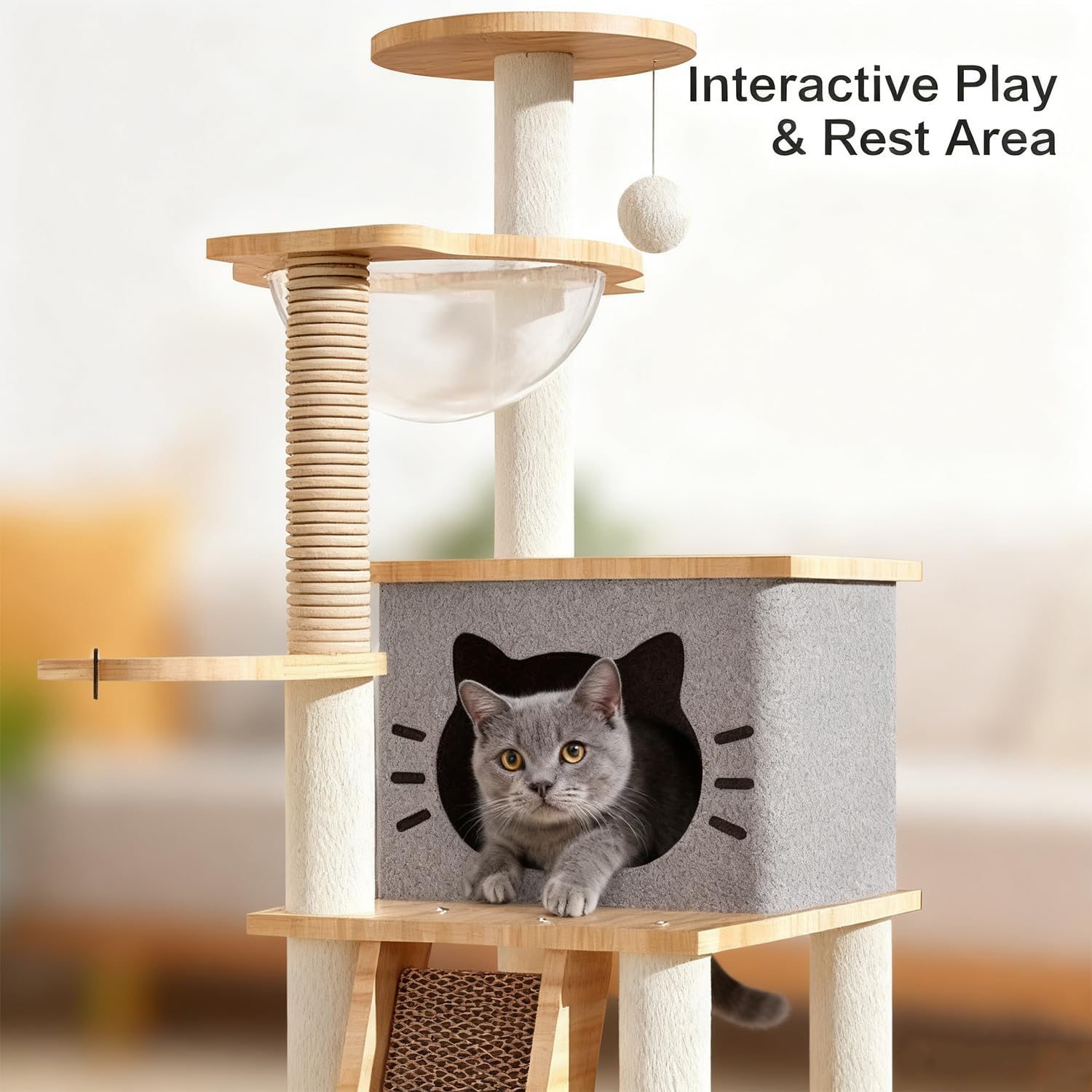 Wooden Cat Tree, 150Cm/130Cm/120Cm Cat Furniture with Scratching Posts, Modern Cat Tower with Hammocks, Toys, Cat Condo Modern Environmental-Friendly Woodcraft Style (1.2M)