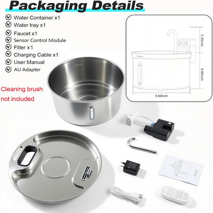 Dog Water Fountain for Large Dogs, 7L/1.8Gal Wireless Dog Water Dispenser, Stainless Steel Automatic Pet Fountain Indoor/Outdoor with Ultra-Quiet Pump, Easy Clean
